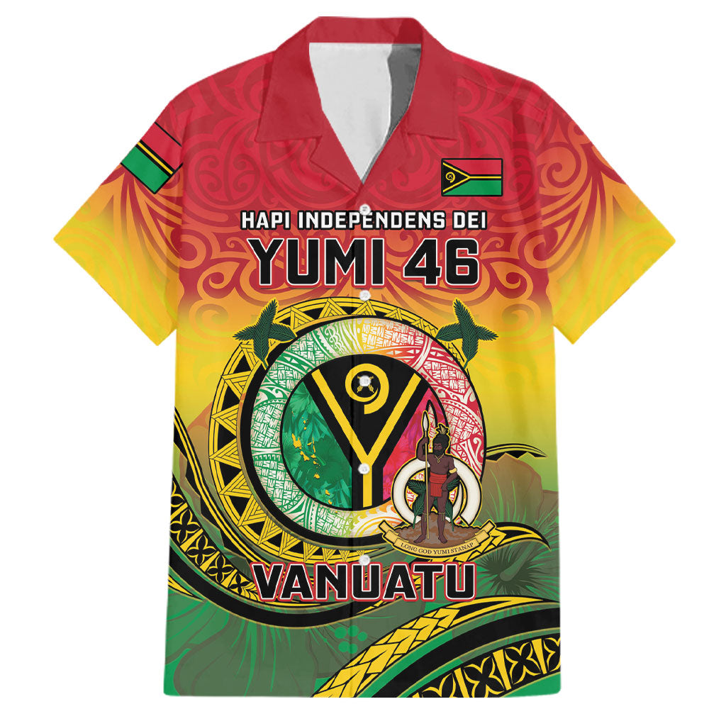 Personalised Vanuatu Family Matching Off Shoulder Short Dress and Hawaiian Shirt Yumi 46th Hapi Independens Dei - Reggae Version LT14 Dad's Shirt - Short Sleeve Reggae - Polynesian Pride