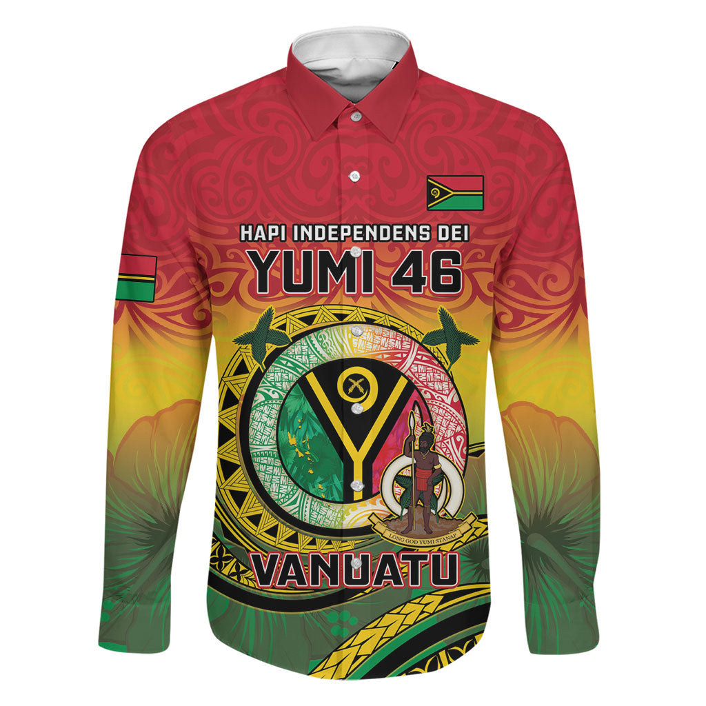 Personalised Vanuatu Family Matching Off Shoulder Short Dress and Hawaiian Shirt Yumi 46th Hapi Independens Dei - Reggae Version LT14 Dad's Shirt - Long Sleeve Reggae - Polynesian Pride