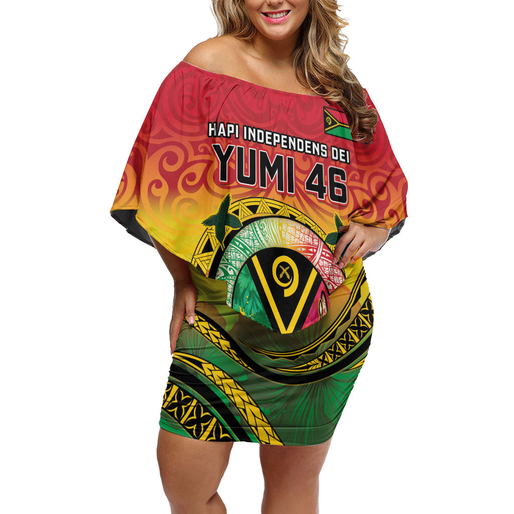 Personalised Vanuatu Family Matching Off Shoulder Short Dress and Hawaiian Shirt Yumi 46th Hapi Independens Dei - Reggae Version LT14 Mom's Dress Reggae - Polynesian Pride