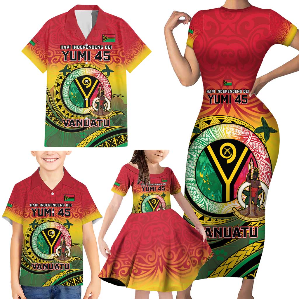 Personalised Vanuatu Family Matching Short Sleeve Bodycon Dress and Hawaiian Shirt Yumi 45th Hapi Independens Dei - Reggae Version LT14