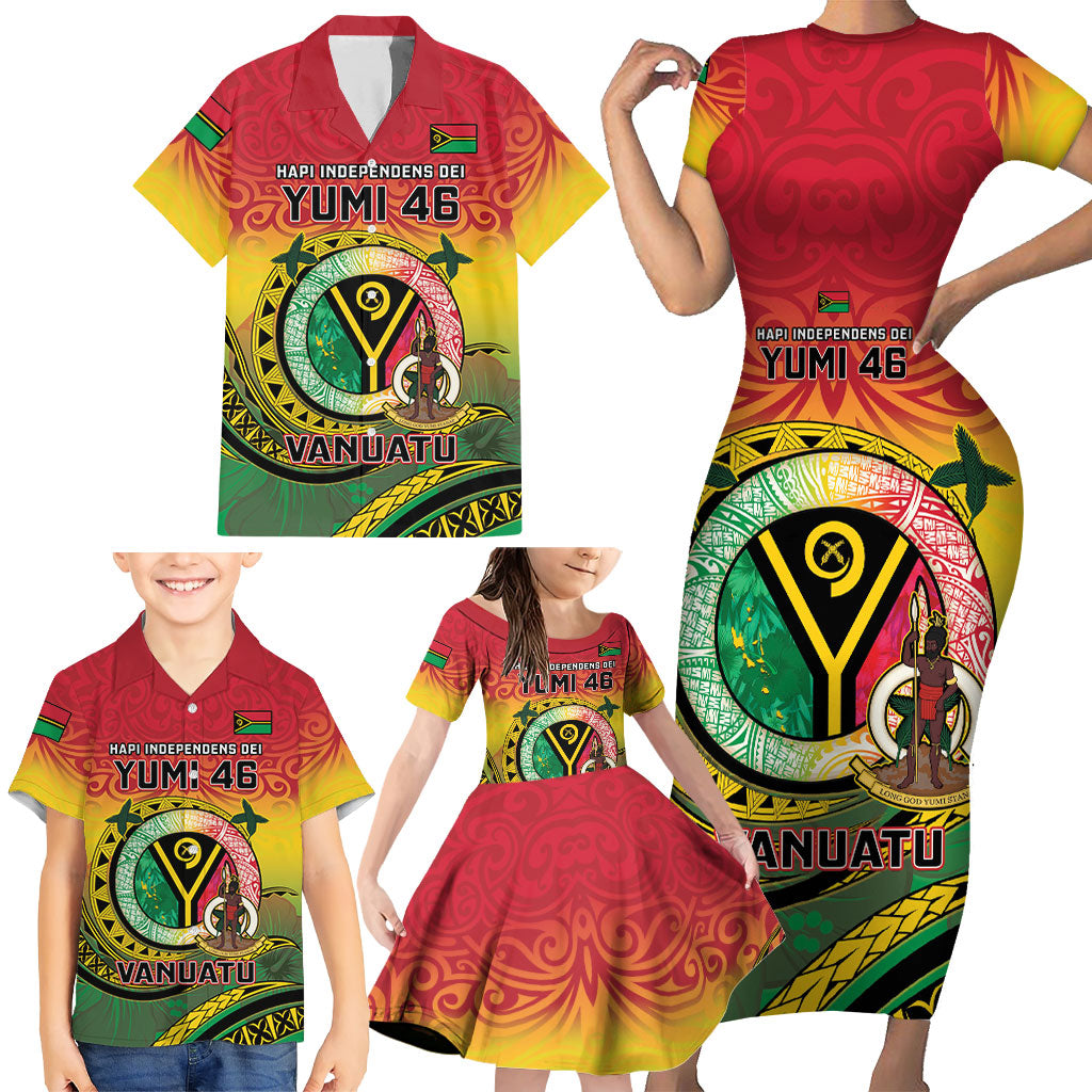 Personalised Vanuatu Family Matching Short Sleeve Bodycon Dress and Hawaiian Shirt Yumi 46th Hapi Independens Dei - Reggae Version LT14 - Polynesian Pride