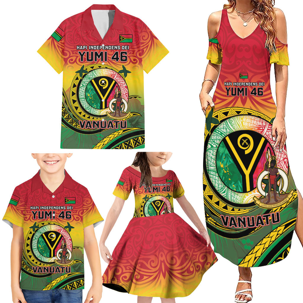 Personalised Vanuatu Family Matching Summer Maxi Dress and Hawaiian Shirt Yumi 46th Hapi Independens Dei - Reggae Version LT14 - Polynesian Pride
