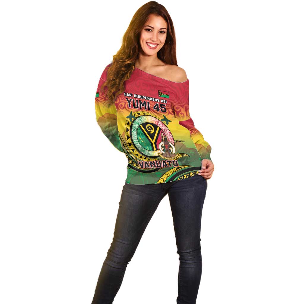 Personalised Vanuatu Off Shoulder Sweater Yumi 45th Hapi Independens Dei - Reggae Version LT14