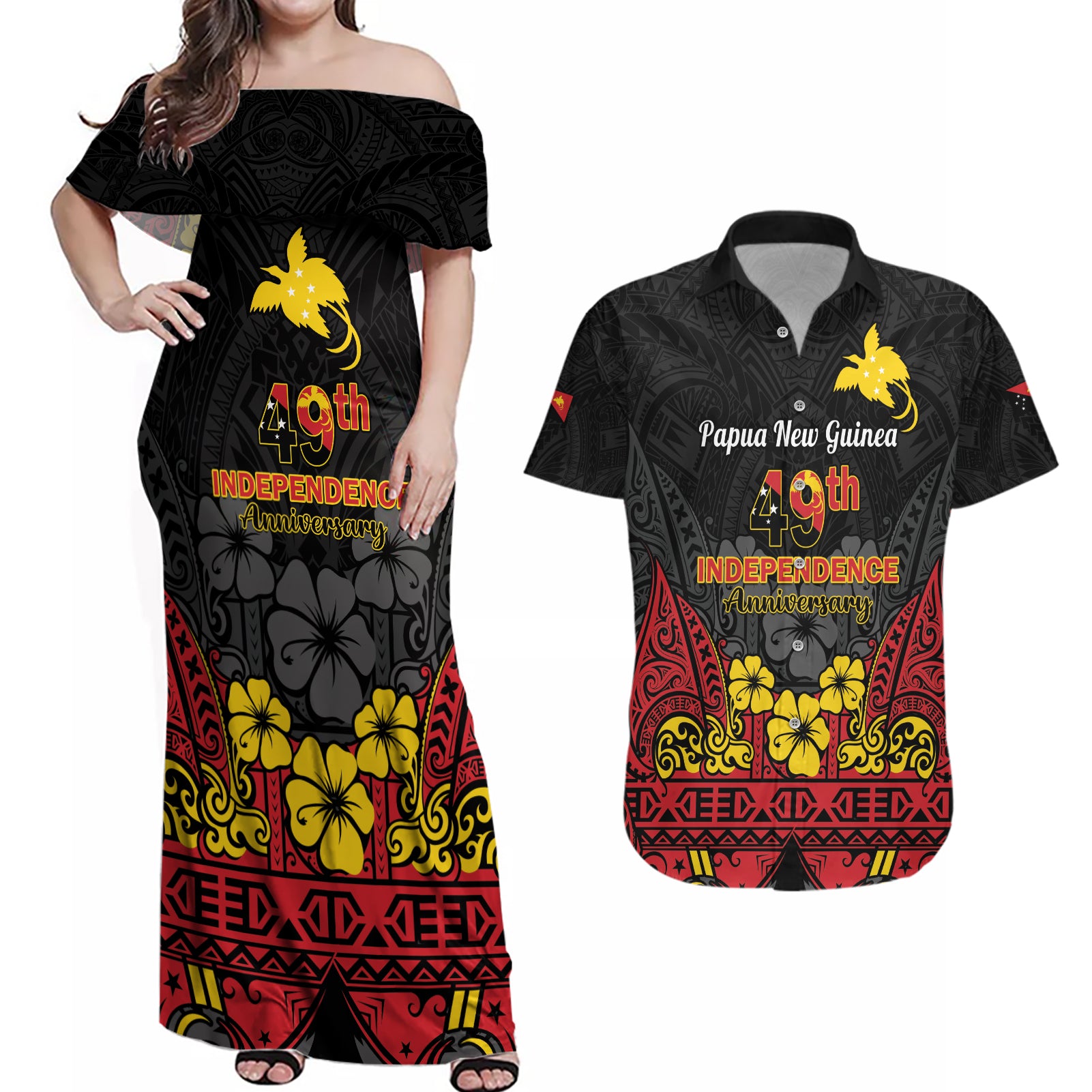 Papua New Guinea Independence Day Couples Matching Off Shoulder Maxi Dress and Hawaiian Shirt PNG Bird of Paradise 49th Anniversary