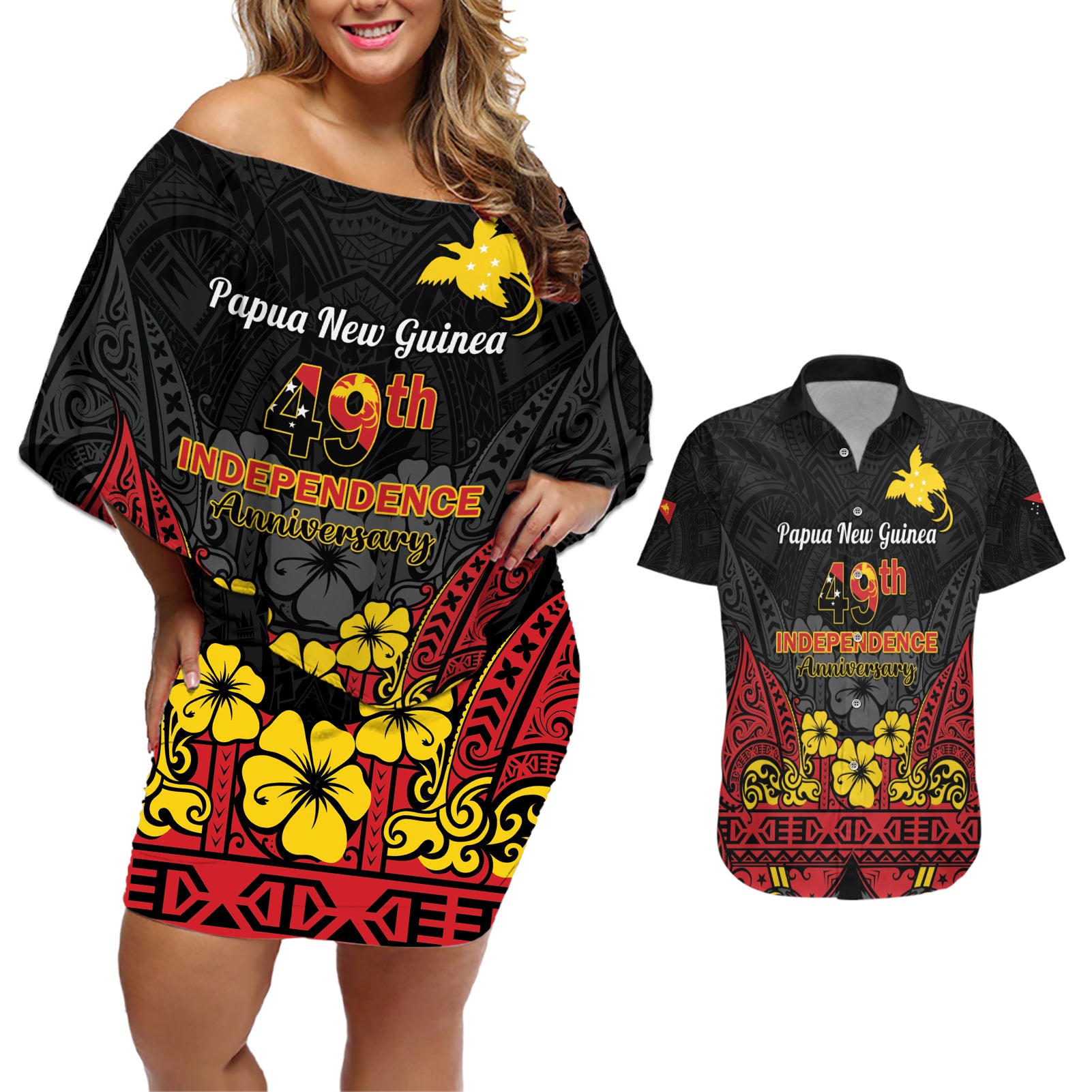 Papua New Guinea Independence Day Couples Matching Off Shoulder Short Dress and Hawaiian Shirt PNG Bird of Paradise 49th Anniversary