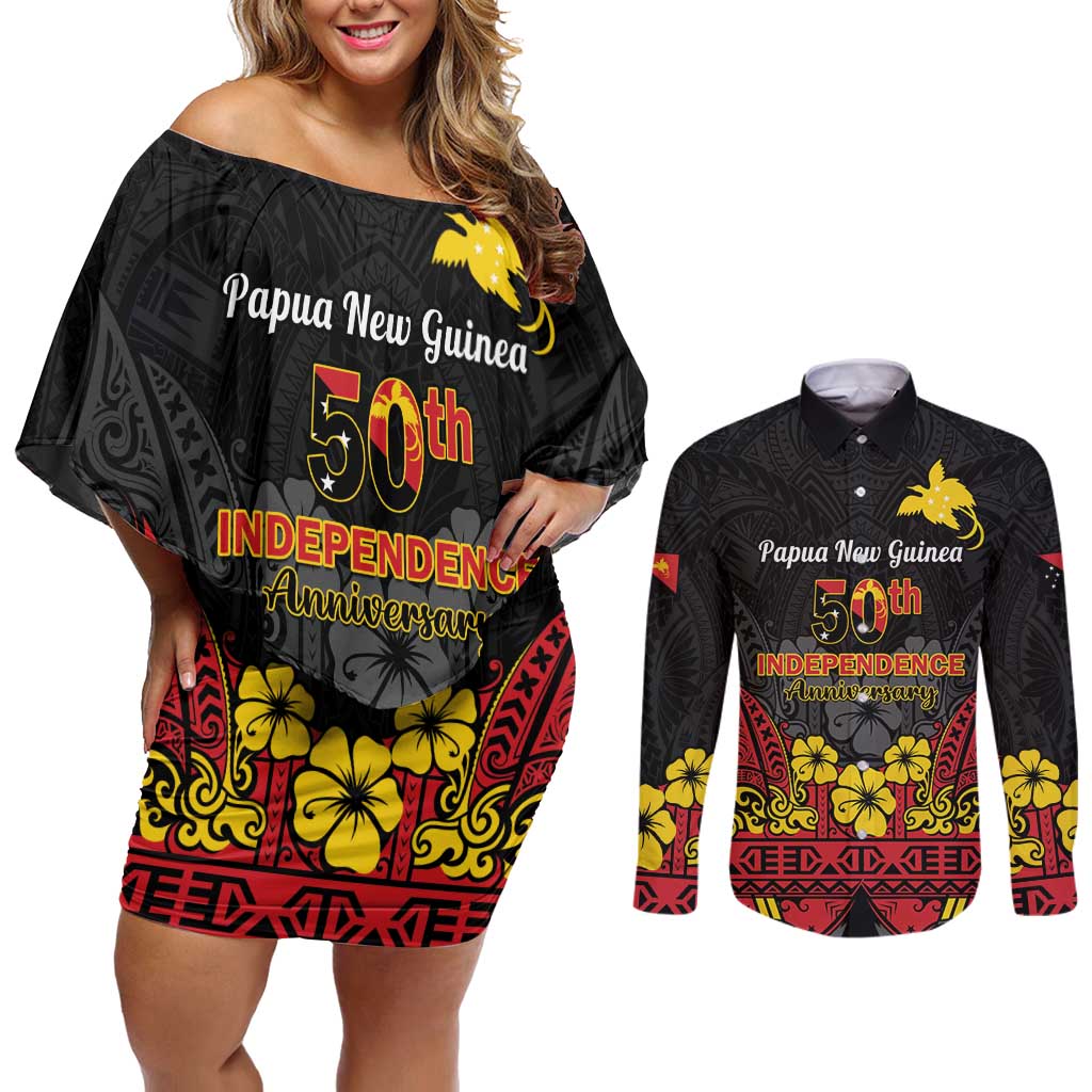 Papua New Guinea Independence Day Couples Matching Off Shoulder Short Dress and Long Sleeve Button Shirt PNG Bird of Paradise 50th Anniversary LT14