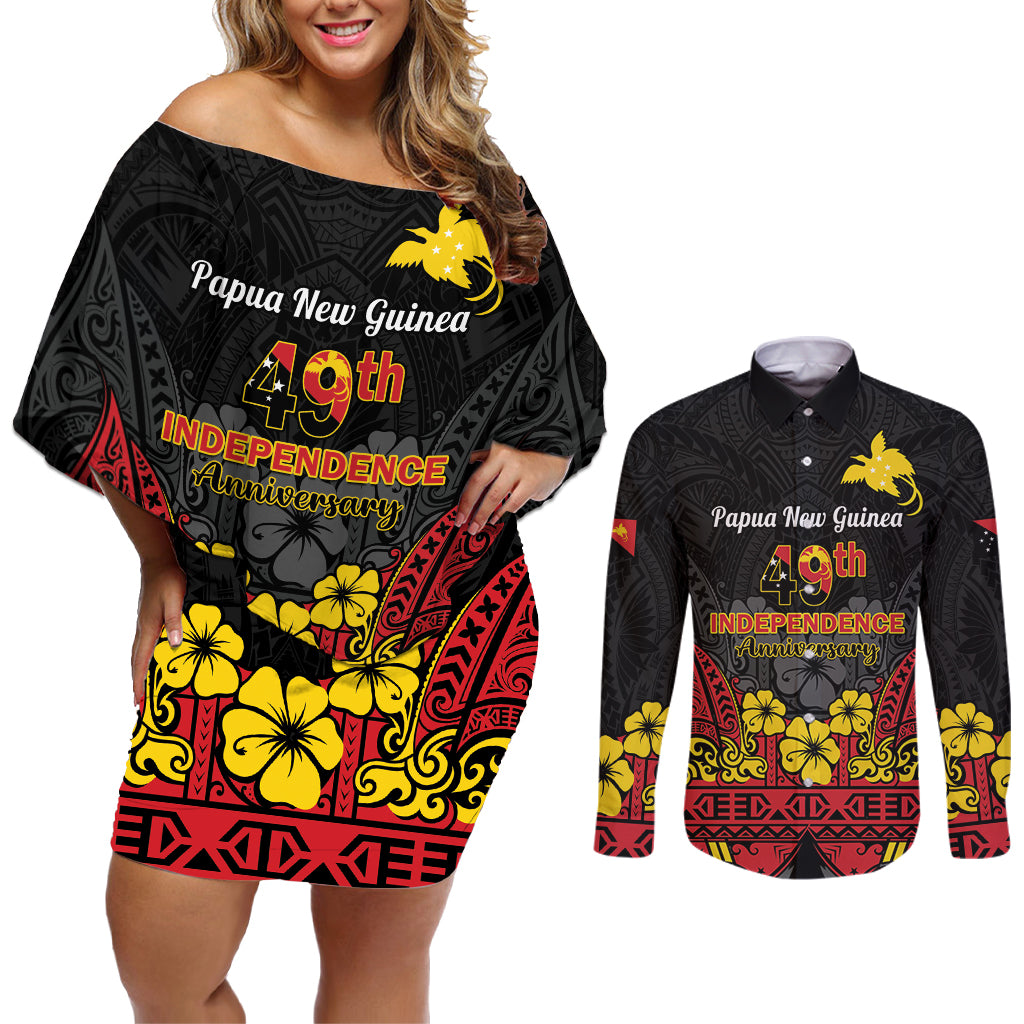 Papua New Guinea Independence Day Couples Matching Off Shoulder Short Dress and Long Sleeve Button Shirt PNG Bird of Paradise 49th Anniversary