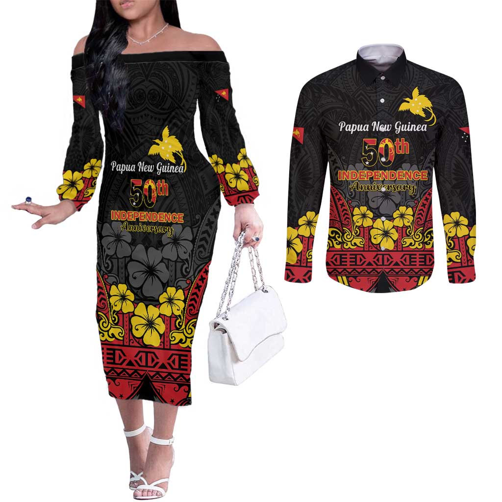 Papua New Guinea Independence Day Couples Matching Off The Shoulder Long Sleeve Dress and Long Sleeve Button Shirt PNG Bird of Paradise 50th Anniversary LT14