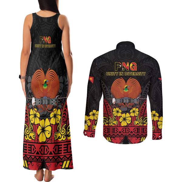 Papua New Guinea Couples Matching Tank Maxi Dress and Hawaiian Shirt Bird Of Paradise Mix Polynesian Pattern LT01