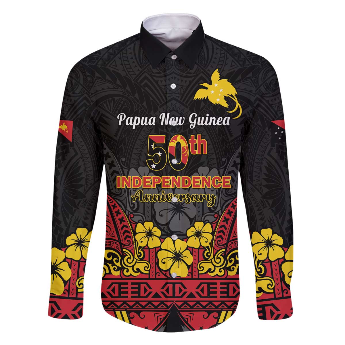 Papua New Guinea Independence Day Family Matching Off The Shoulder Long Sleeve Dress and Hawaiian Shirt PNG Bird of Paradise 50th Anniversary LT14 Dad's Shirt - Long Sleeve Black - Polynesian Pride