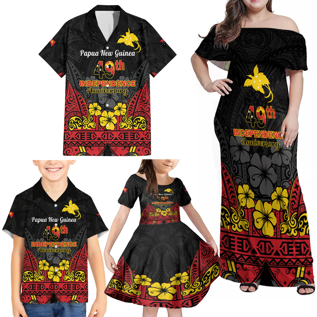 Papua New Guinea Independence Day Family Matching Off Shoulder Maxi Dress and Hawaiian Shirt PNG Bird of Paradise 49th Anniversary