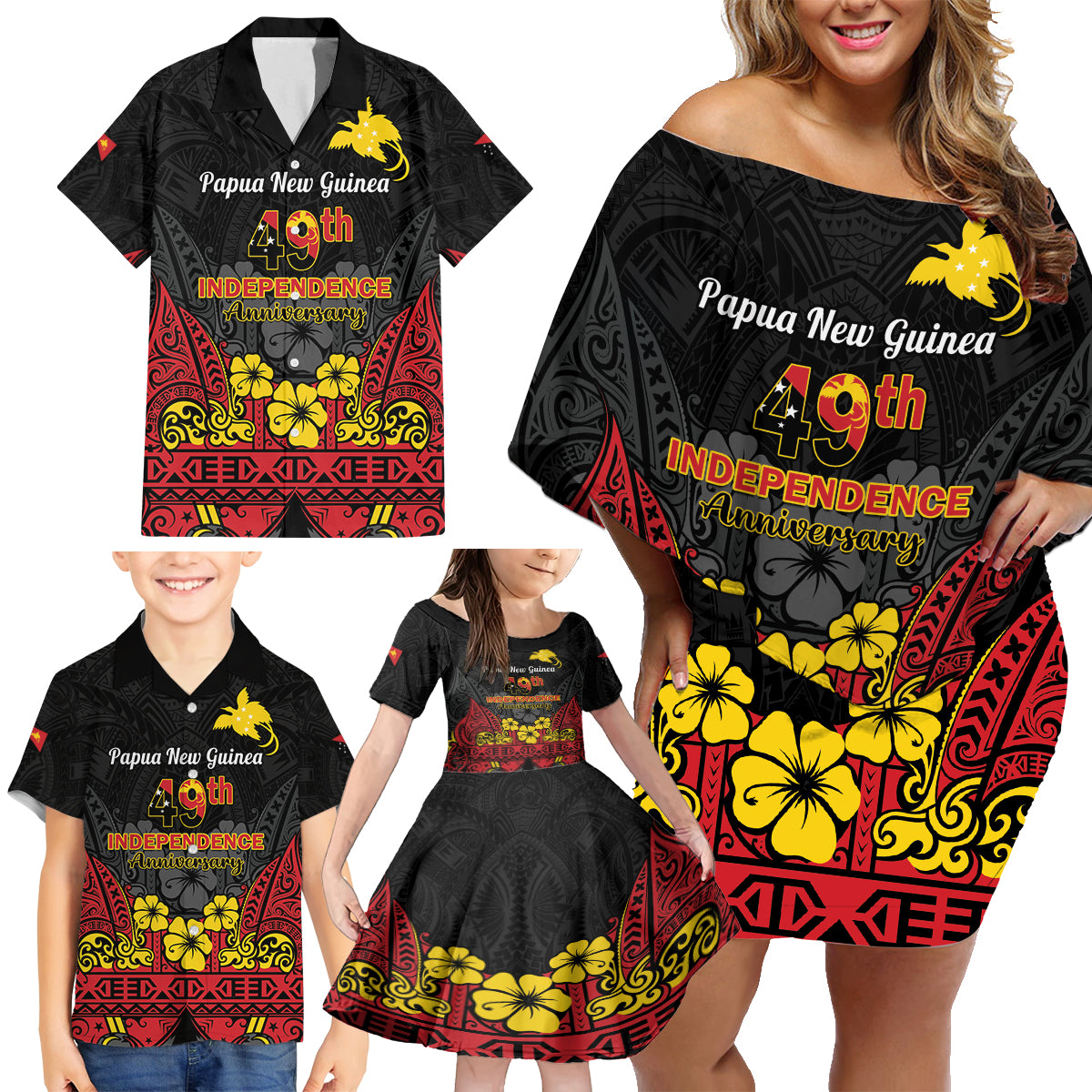Papua New Guinea Independence Day Family Matching Off Shoulder Short Dress and Hawaiian Shirt PNG Bird of Paradise 49th Anniversary