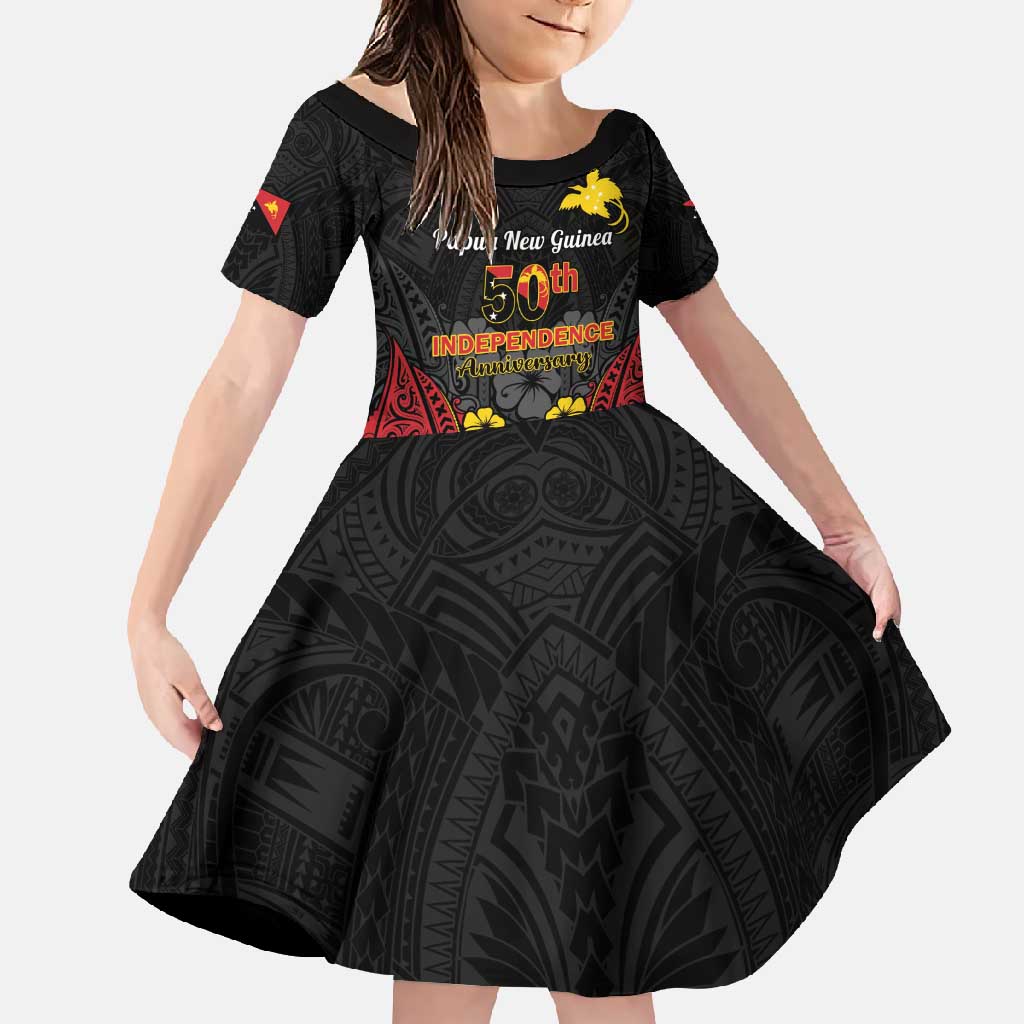 Papua New Guinea Independence Day Family Matching Tank Maxi Dress and Hawaiian Shirt PNG Bird of Paradise 50th Anniversary LT14 Daughter's Dress Black - Polynesian Pride