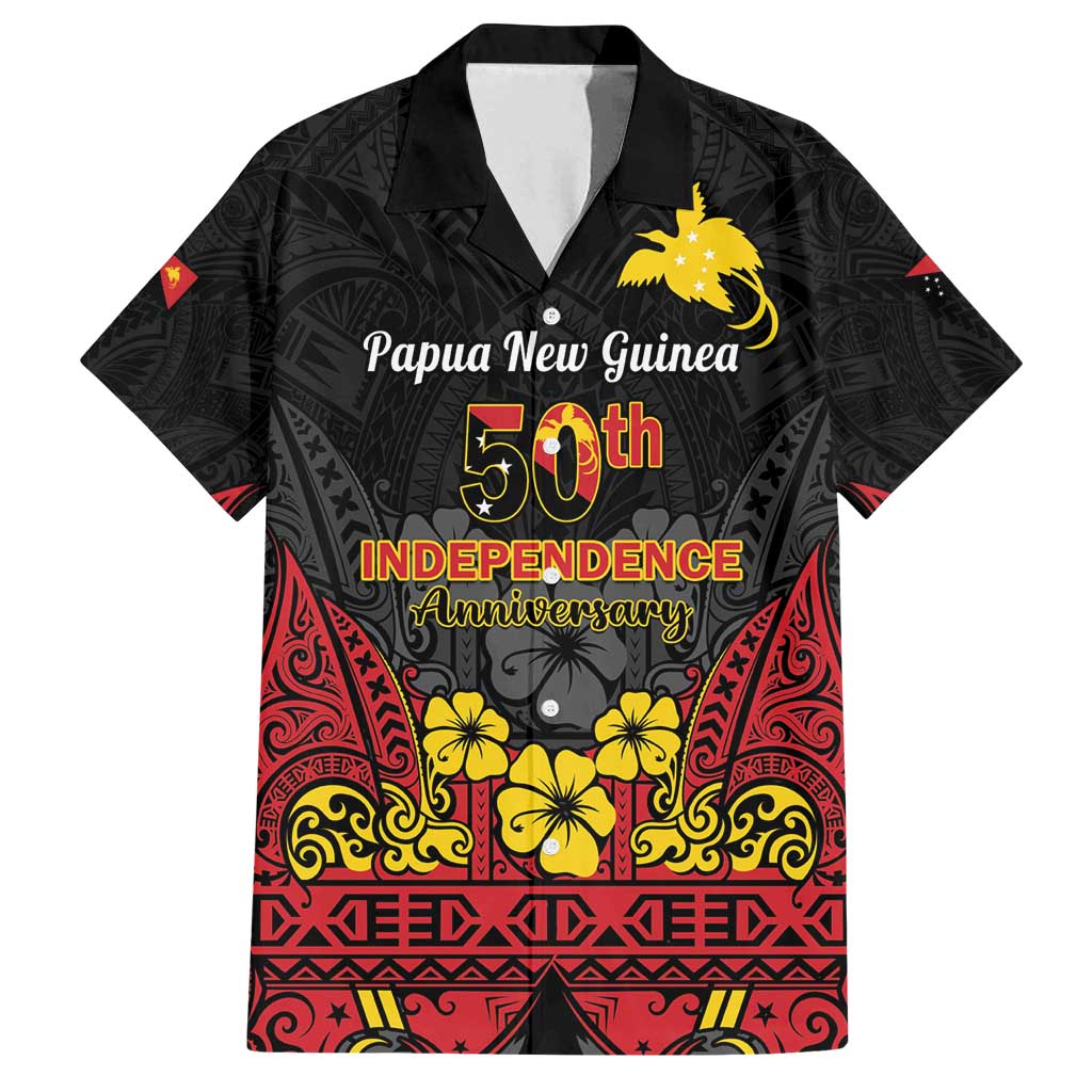 Papua New Guinea Independence Day Family Matching Tank Maxi Dress and Hawaiian Shirt PNG Bird of Paradise 50th Anniversary LT14 Dad's Shirt - Short Sleeve Black - Polynesian Pride
