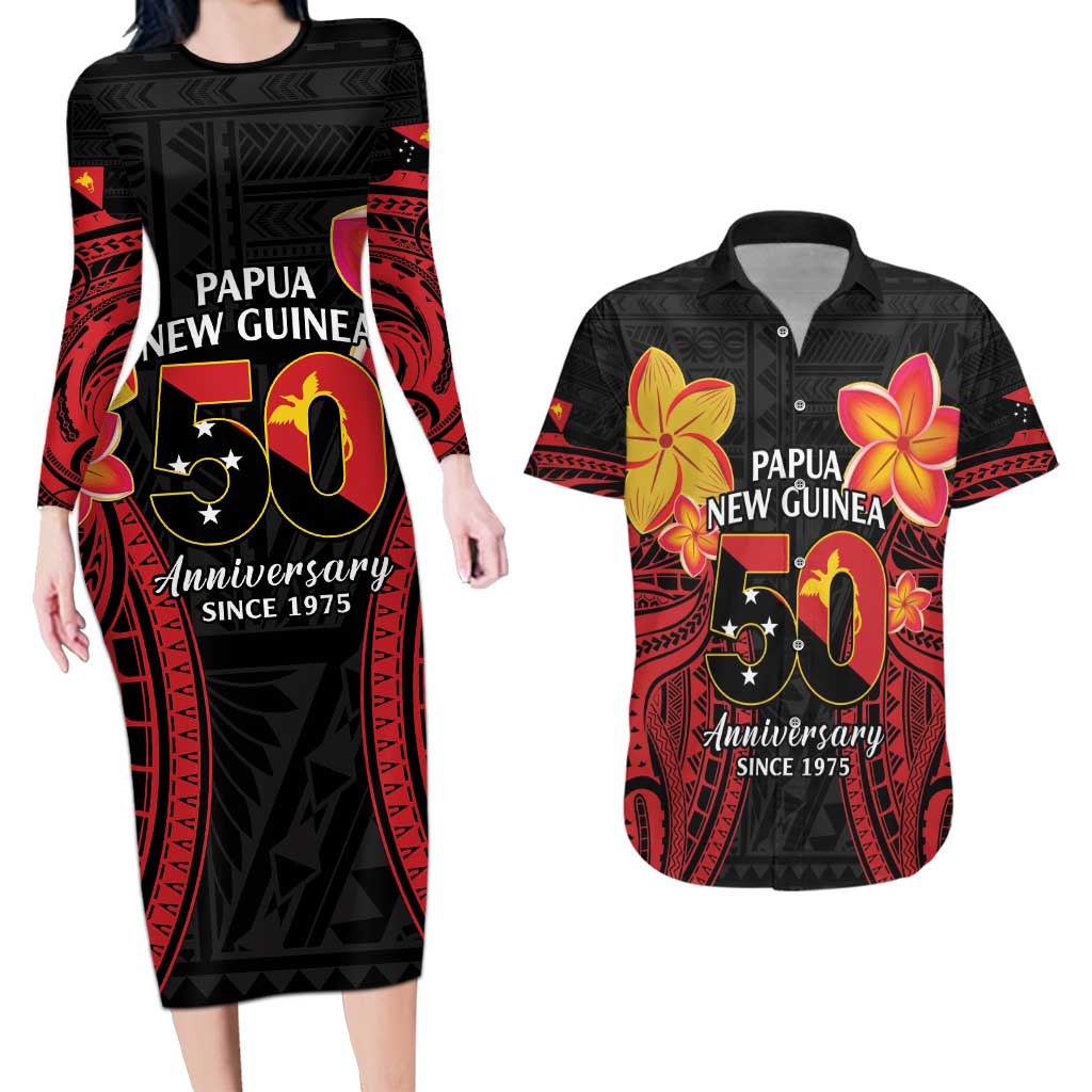 Papua New Guinea Independence Day Couples Matching Long Sleeve Bodycon Dress and Hawaiian Shirt PNG Since 1975 LT14