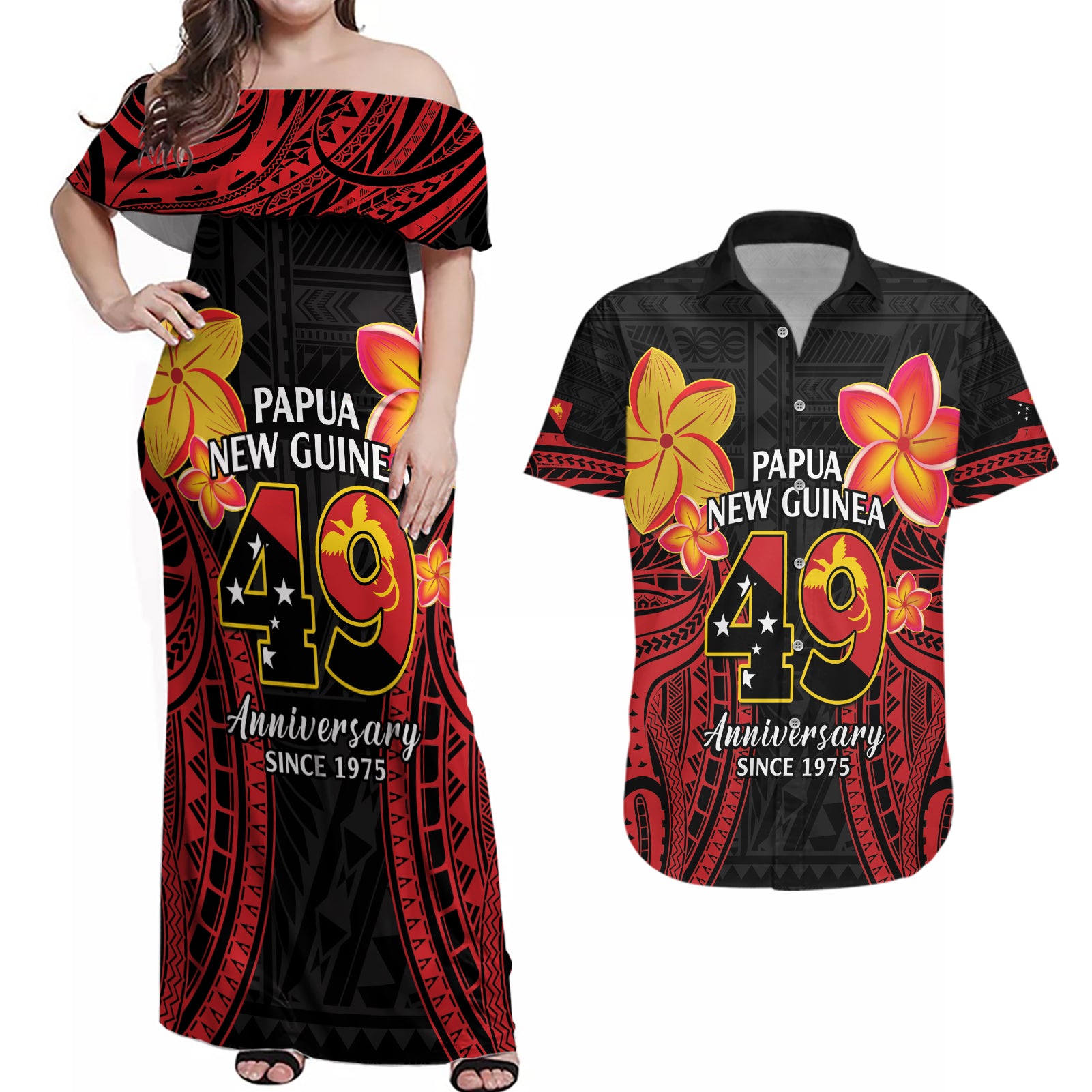 Papua New Guinea Independence Day Couples Matching Off Shoulder Maxi Dress and Hawaiian Shirt PNG Since 1975
