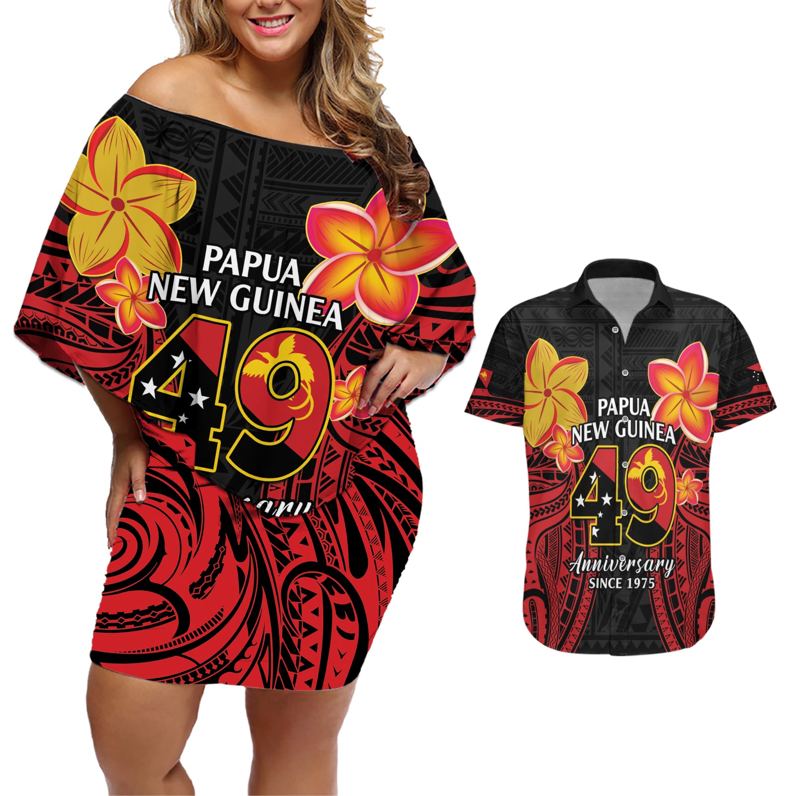 Papua New Guinea Independence Day Couples Matching Off Shoulder Short Dress and Hawaiian Shirt PNG Since 1975