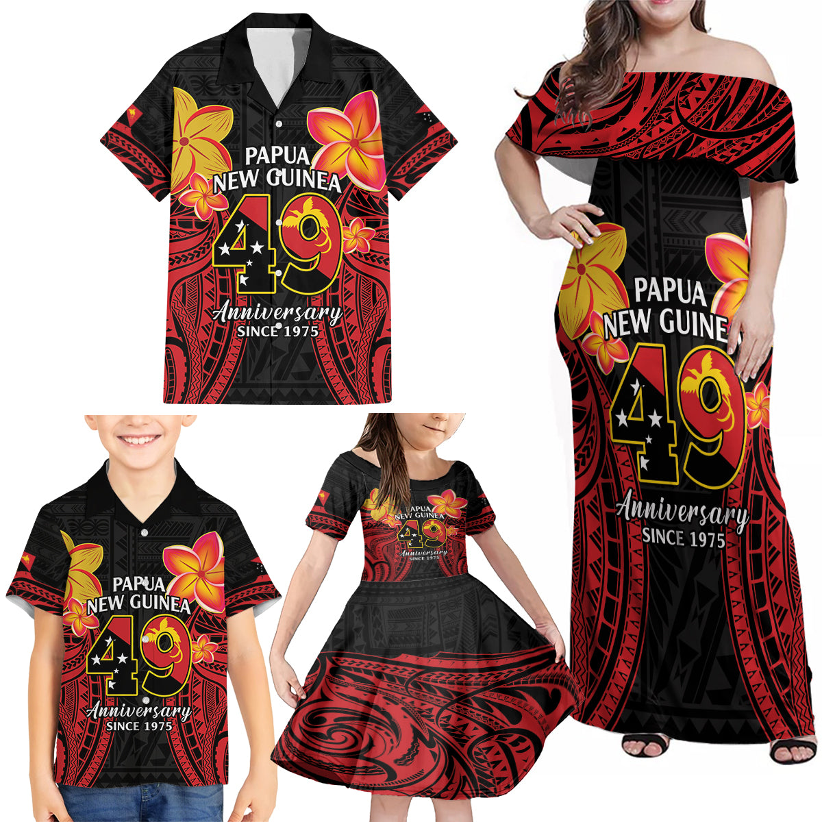 Papua New Guinea Independence Day Family Matching Off Shoulder Maxi Dress and Hawaiian Shirt PNG Since 1975