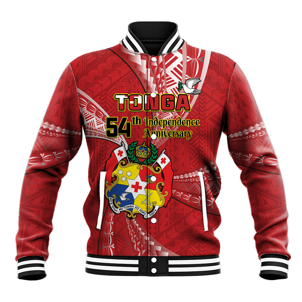 Personalised Tonga Independence Day Baseball Jacket Happy 54th Independence Anniversary Ngatu Pattern LT14 Unisex Red - Polynesian Pride
