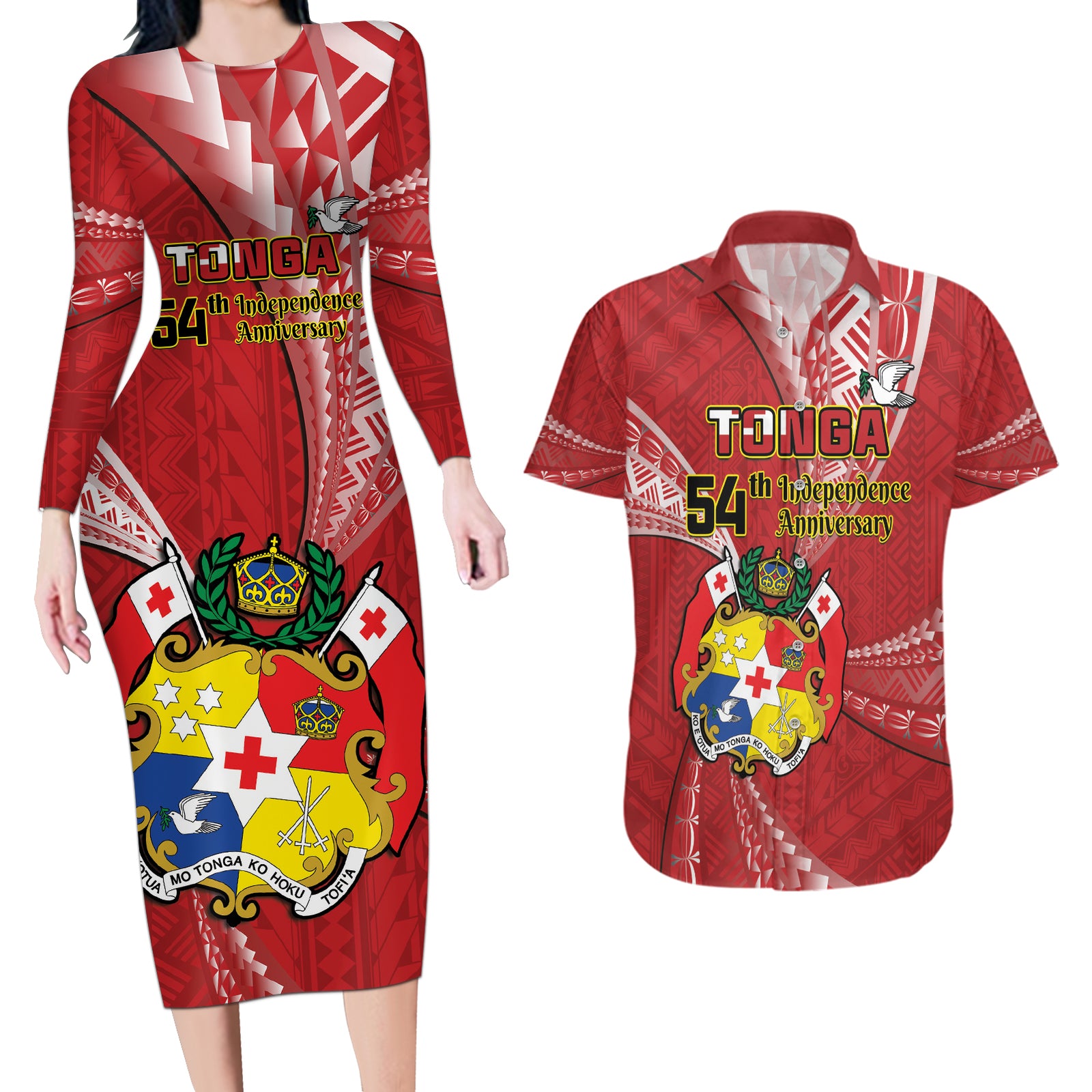 Personalised Tonga Independence Day Couples Matching Long Sleeve Bodycon Dress and Hawaiian Shirt Happy 54th Independence Anniversary Ngatu Pattern LT14 Red - Polynesian Pride