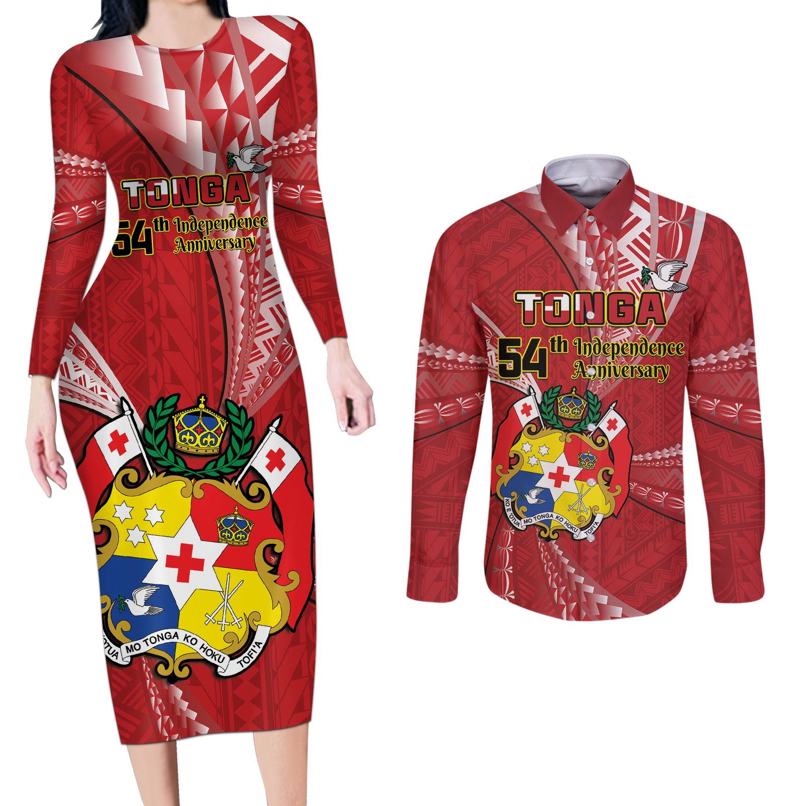 Personalised Tonga Independence Day Couples Matching Long Sleeve Bodycon Dress and Long Sleeve Button Shirt Happy 54th Independence Anniversary Ngatu Pattern LT14 Red - Polynesian Pride