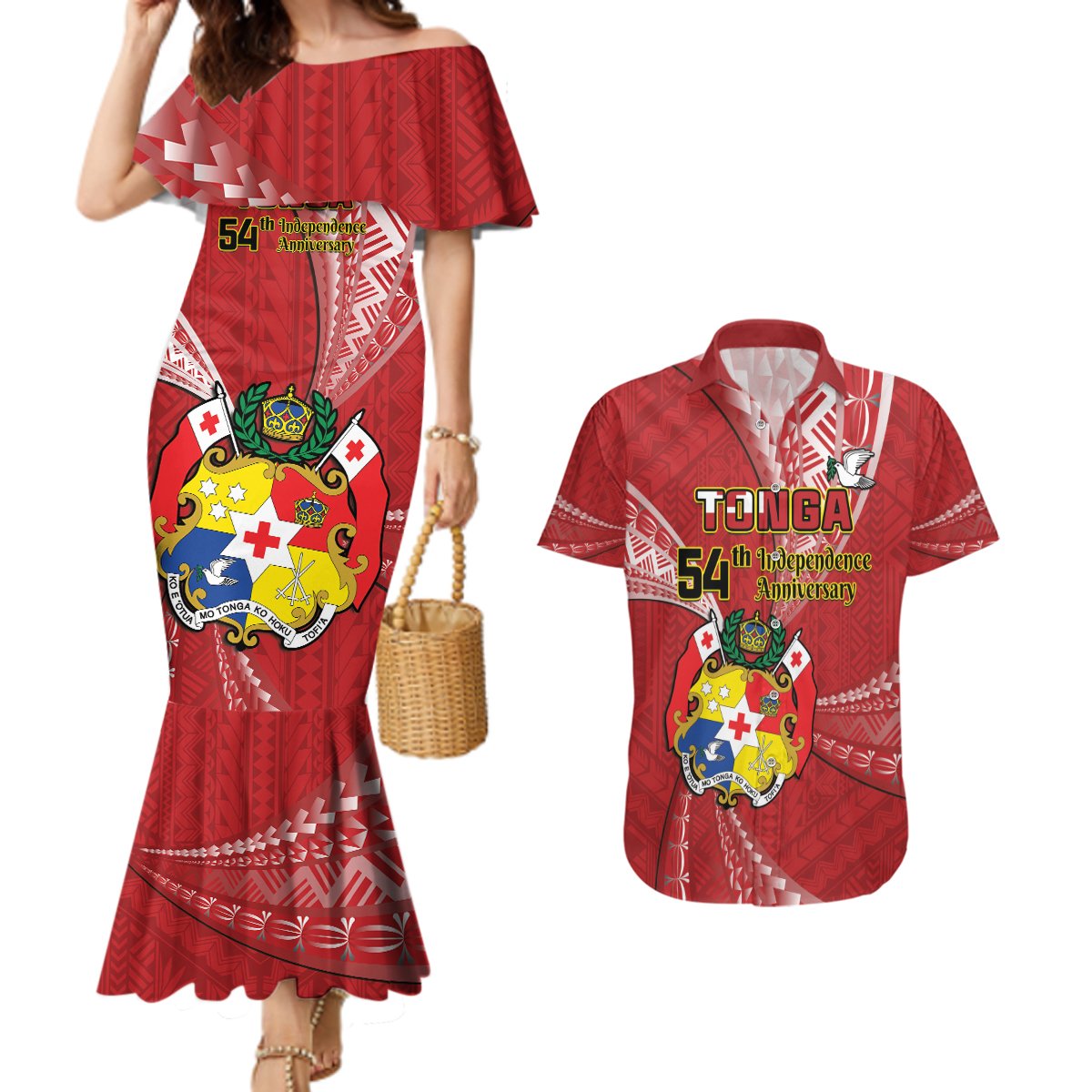 Personalised Tonga Independence Day Couples Matching Mermaid Dress and Hawaiian Shirt Happy 54th Independence Anniversary Ngatu Pattern LT14 Red - Polynesian Pride