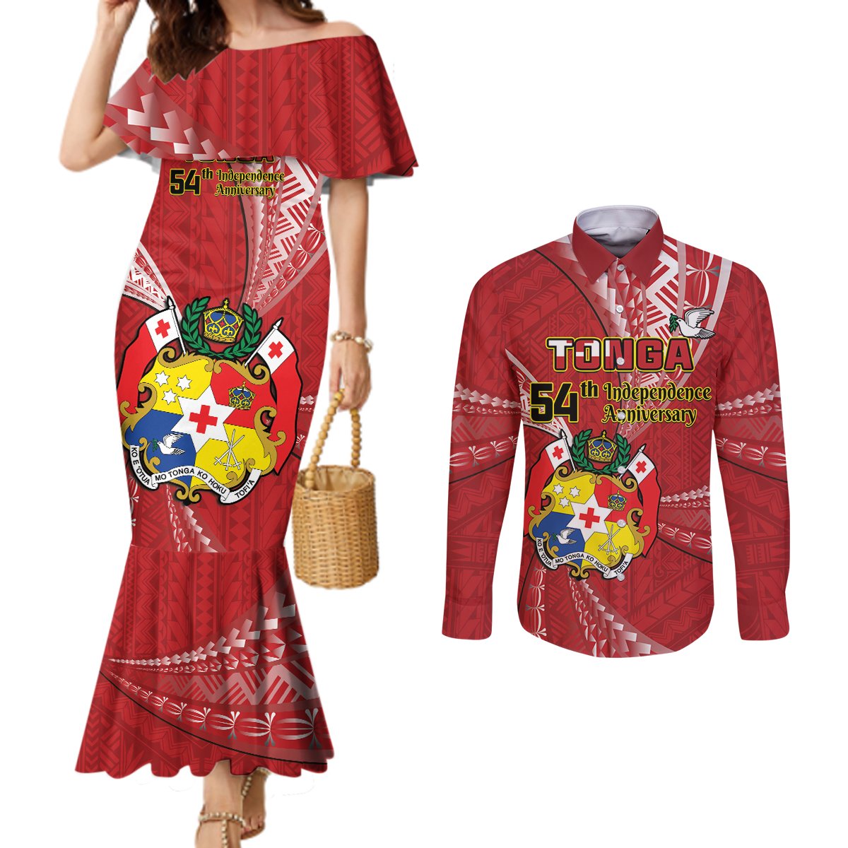 Personalised Tonga Independence Day Couples Matching Mermaid Dress and Long Sleeve Button Shirt Happy 54th Independence Anniversary Ngatu Pattern LT14 Red - Polynesian Pride