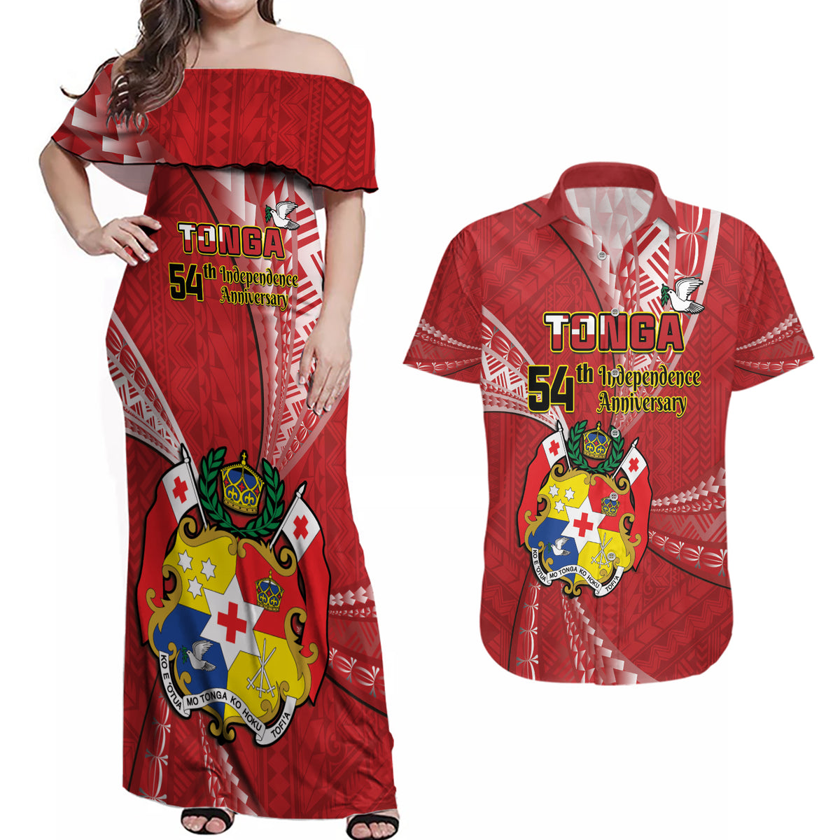 Personalised Tonga Independence Day Couples Matching Off Shoulder Maxi Dress and Hawaiian Shirt Happy 54th Independence Anniversary Ngatu Pattern LT14 Red - Polynesian Pride