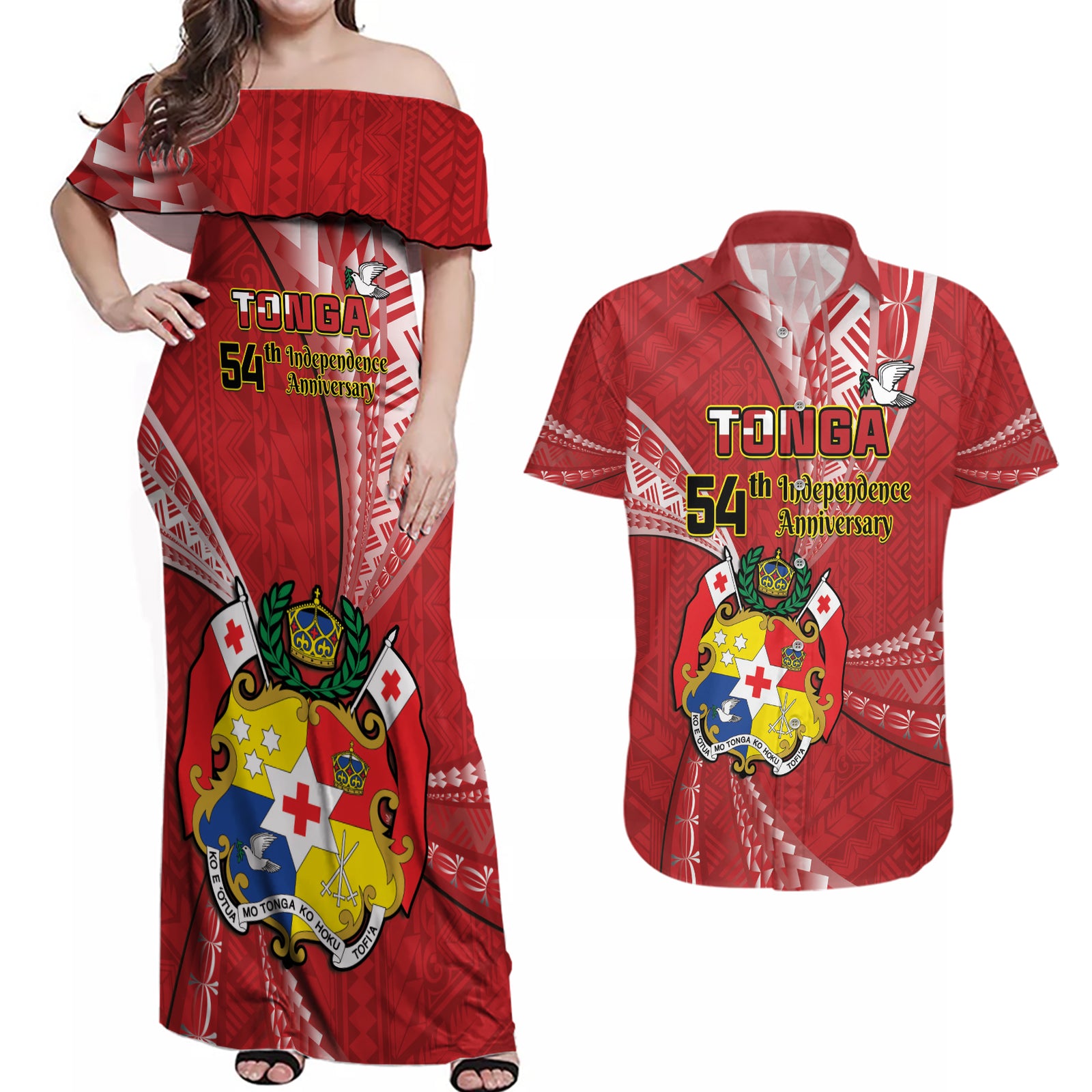 Personalised Tonga Independence Day Couples Matching Off Shoulder Maxi Dress and Hawaiian Shirt Happy 54th Independence Anniversary Ngatu Pattern LT14 Red - Polynesian Pride