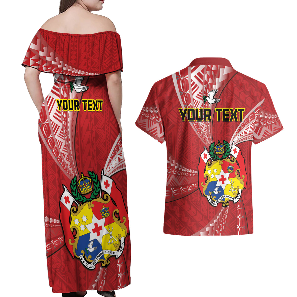 Personalised Tonga Independence Day Couples Matching Off Shoulder Maxi Dress and Hawaiian Shirt Happy 54th Independence Anniversary Ngatu Pattern LT14 - Polynesian Pride