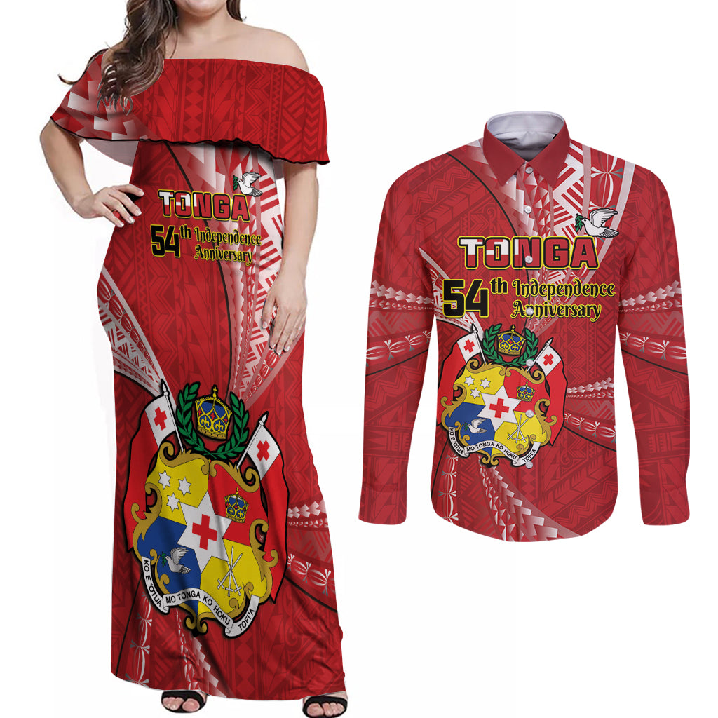 Personalised Tonga Independence Day Couples Matching Off Shoulder Maxi Dress and Long Sleeve Button Shirt Happy 54th Independence Anniversary Ngatu Pattern LT14 Red - Polynesian Pride