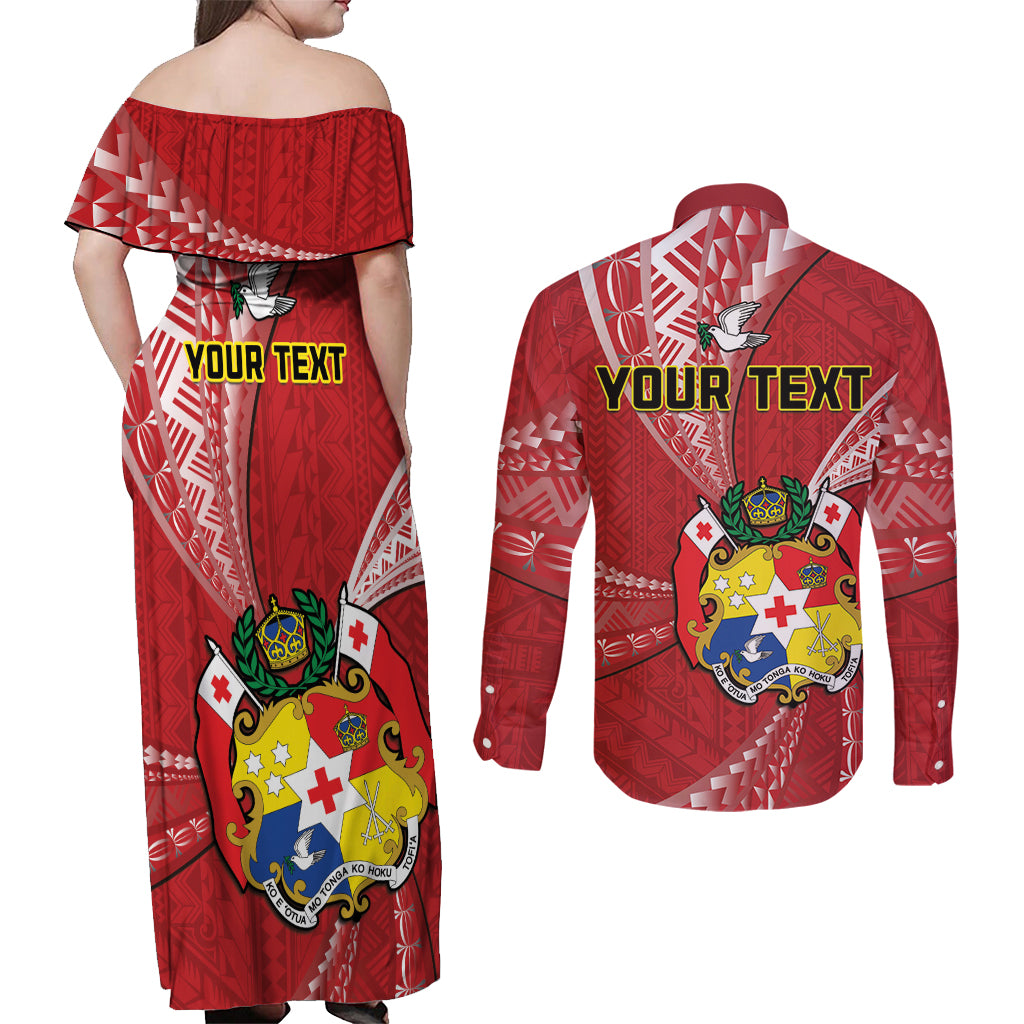 Personalised Tonga Independence Day Couples Matching Off Shoulder Maxi Dress and Long Sleeve Button Shirt Happy 54th Independence Anniversary Ngatu Pattern LT14 - Polynesian Pride