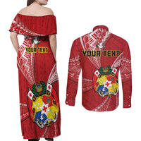 Personalised Tonga Independence Day Couples Matching Off Shoulder Maxi Dress and Long Sleeve Button Shirt Happy 54th Independence Anniversary Ngatu Pattern LT14 - Polynesian Pride