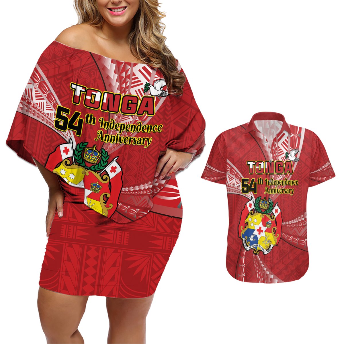 Personalised Tonga Independence Day Couples Matching Off Shoulder Short Dress and Hawaiian Shirt Happy 54th Independence Anniversary Ngatu Pattern LT14 Red - Polynesian Pride