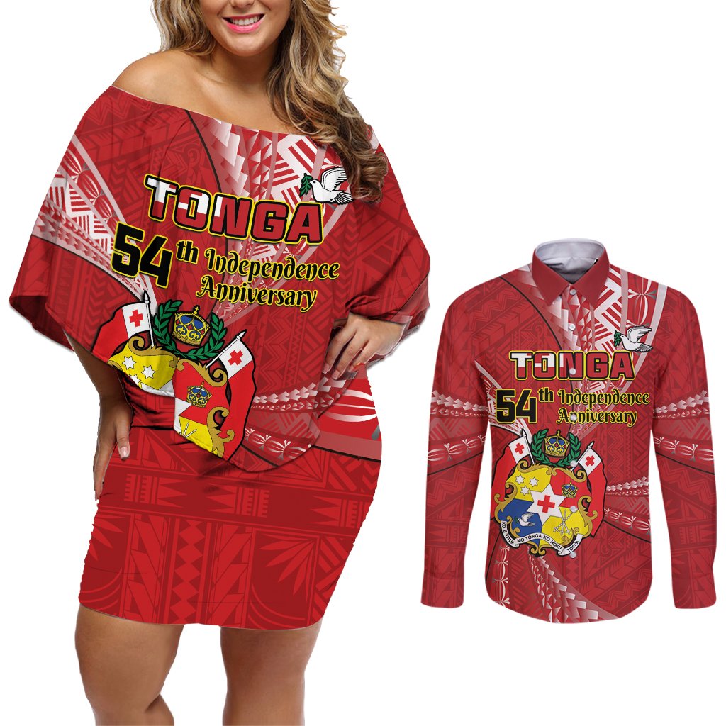 Personalised Tonga Independence Day Couples Matching Off Shoulder Short Dress and Long Sleeve Button Shirt Happy 54th Independence Anniversary Ngatu Pattern LT14 Red - Polynesian Pride