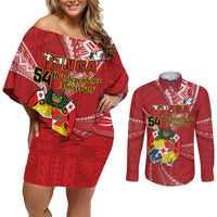 Personalised Tonga Independence Day Couples Matching Off Shoulder Short Dress and Long Sleeve Button Shirt Happy 54th Independence Anniversary Ngatu Pattern LT14 Red - Polynesian Pride