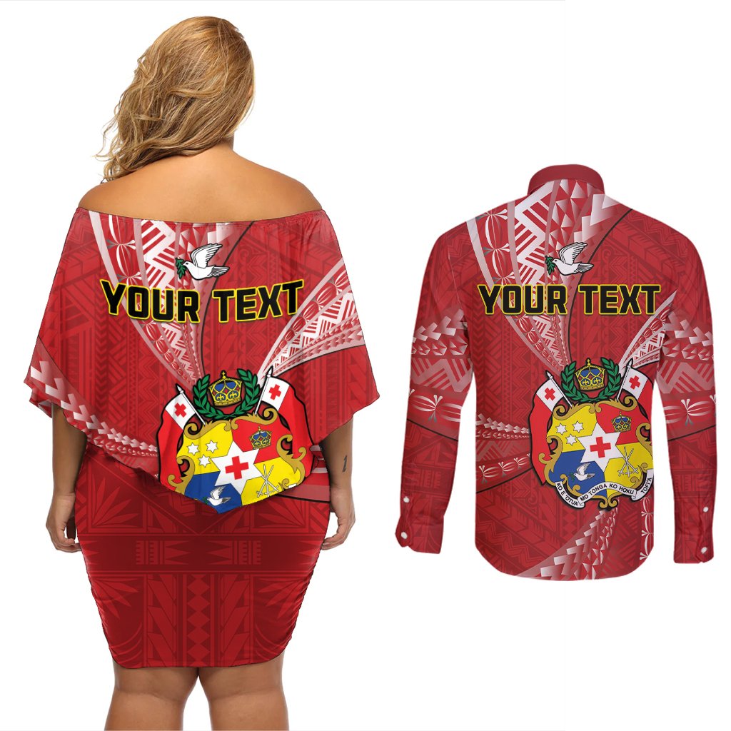Personalised Tonga Independence Day Couples Matching Off Shoulder Short Dress and Long Sleeve Button Shirt Happy 54th Independence Anniversary Ngatu Pattern LT14 - Polynesian Pride