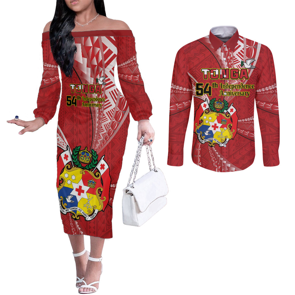 Personalised Tonga Independence Day Couples Matching Off The Shoulder Long Sleeve Dress and Long Sleeve Button Shirt Happy 54th Independence Anniversary Ngatu Pattern LT14 Red - Polynesian Pride