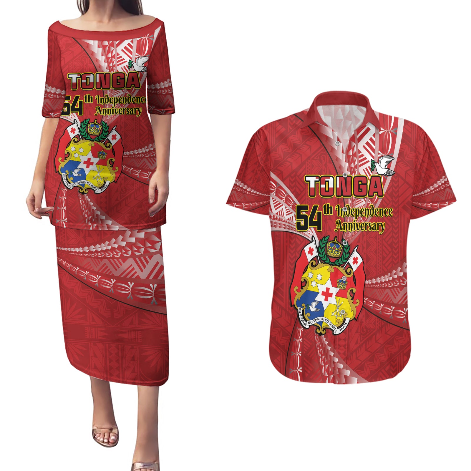 Personalised Tonga Independence Day Couples Matching Puletasi and Hawaiian Shirt Happy 54th Independence Anniversary Ngatu Pattern LT14 Red - Polynesian Pride