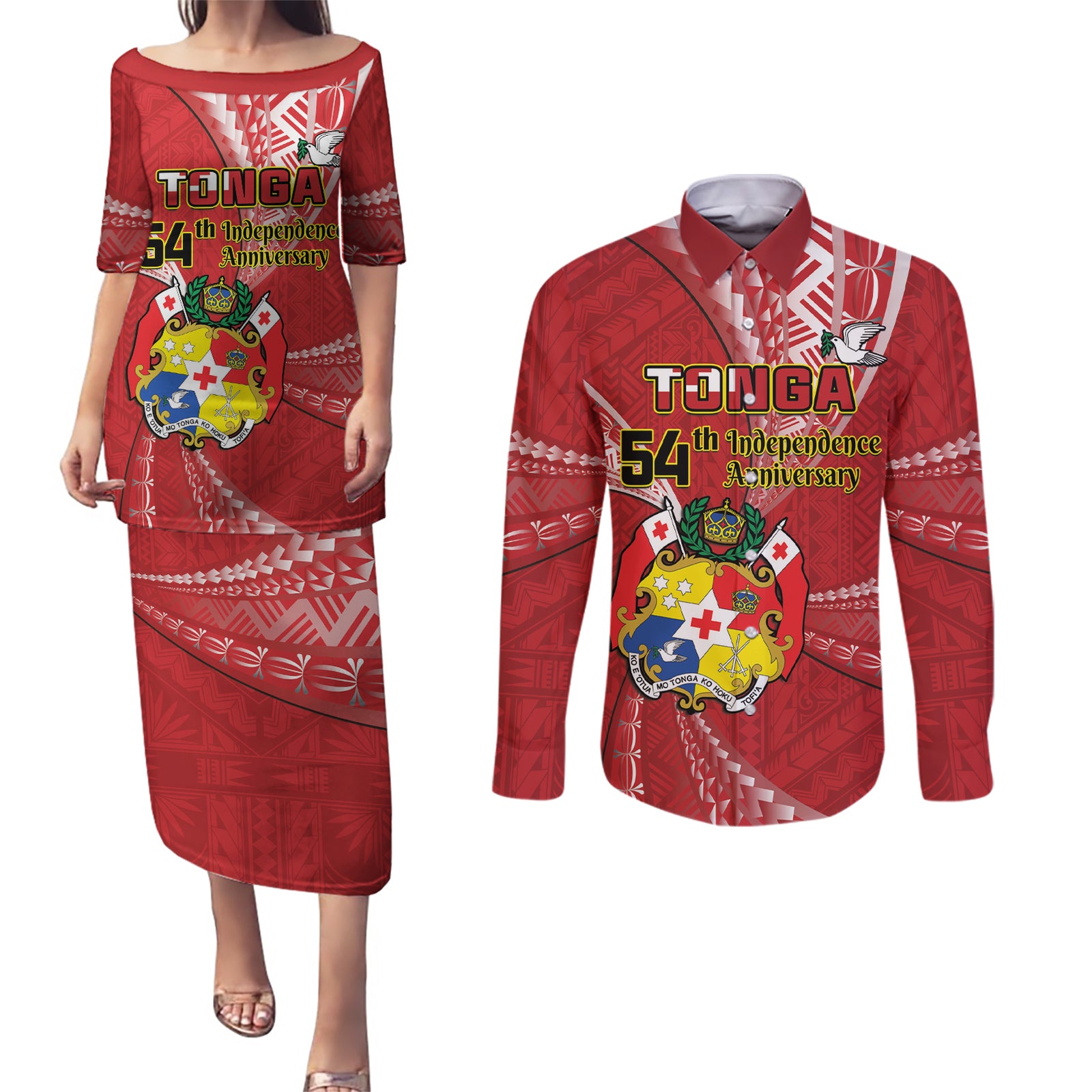 Personalised Tonga Independence Day Couples Matching Puletasi and Long Sleeve Button Shirt Happy 54th Independence Anniversary Ngatu Pattern LT14 Red - Polynesian Pride