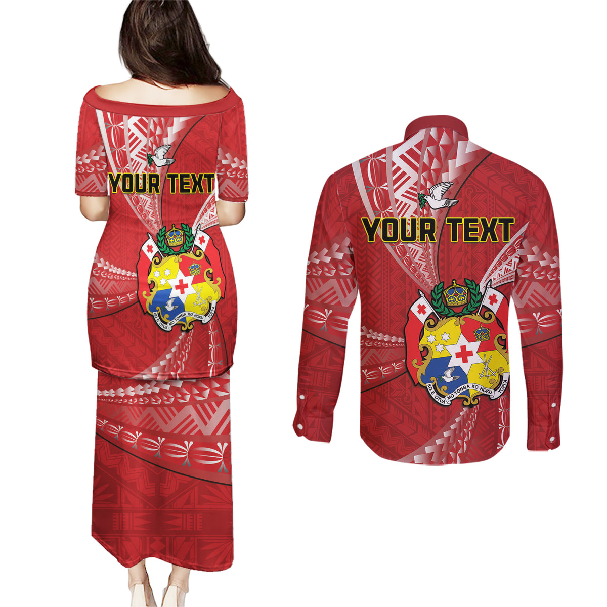 Personalised Tonga Independence Day Couples Matching Puletasi and Long Sleeve Button Shirt Happy 54th Independence Anniversary Ngatu Pattern
