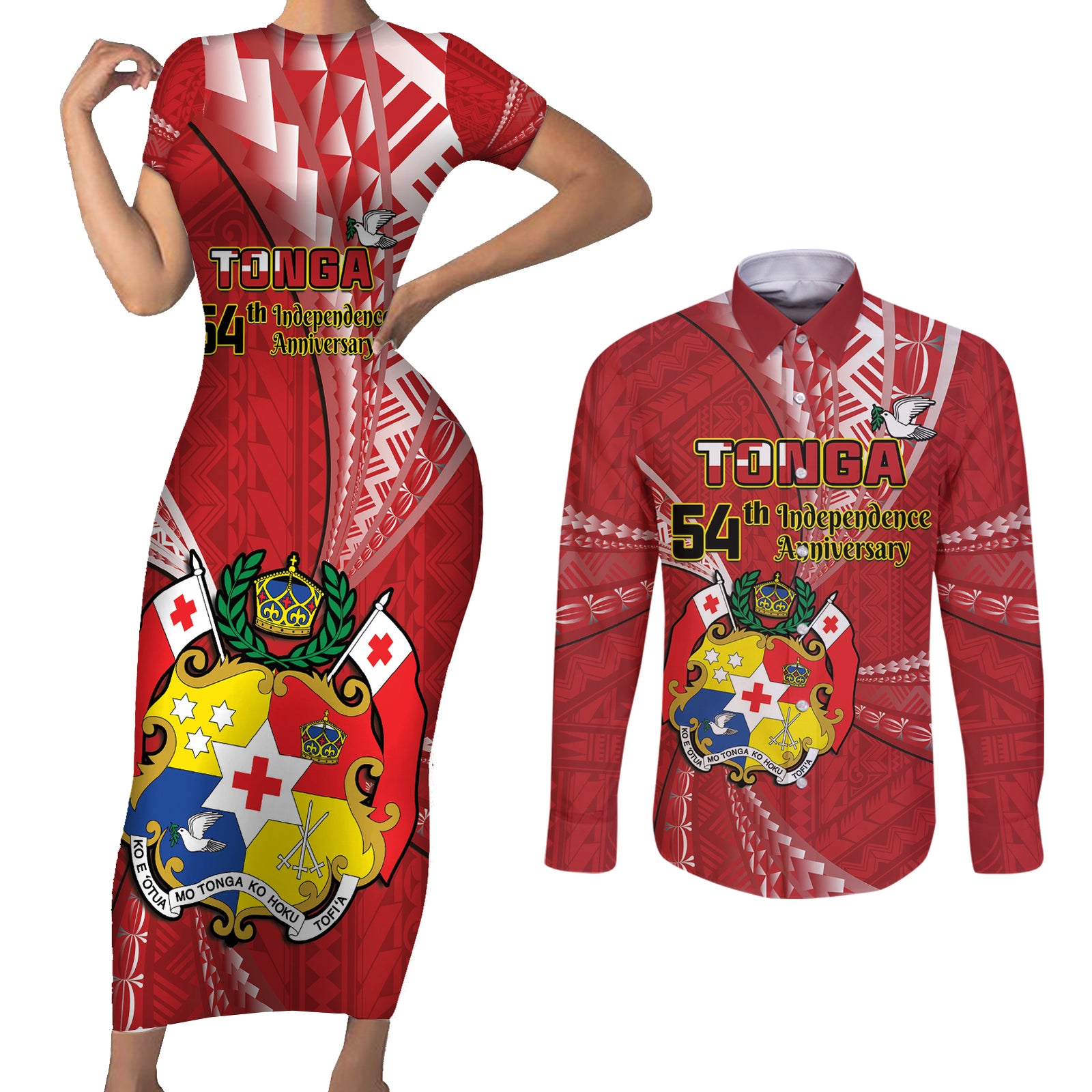 Personalised Tonga Independence Day Couples Matching Short Sleeve Bodycon Dress and Long Sleeve Button Shirt Happy 54th Independence Anniversary Ngatu Pattern LT14 Red - Polynesian Pride