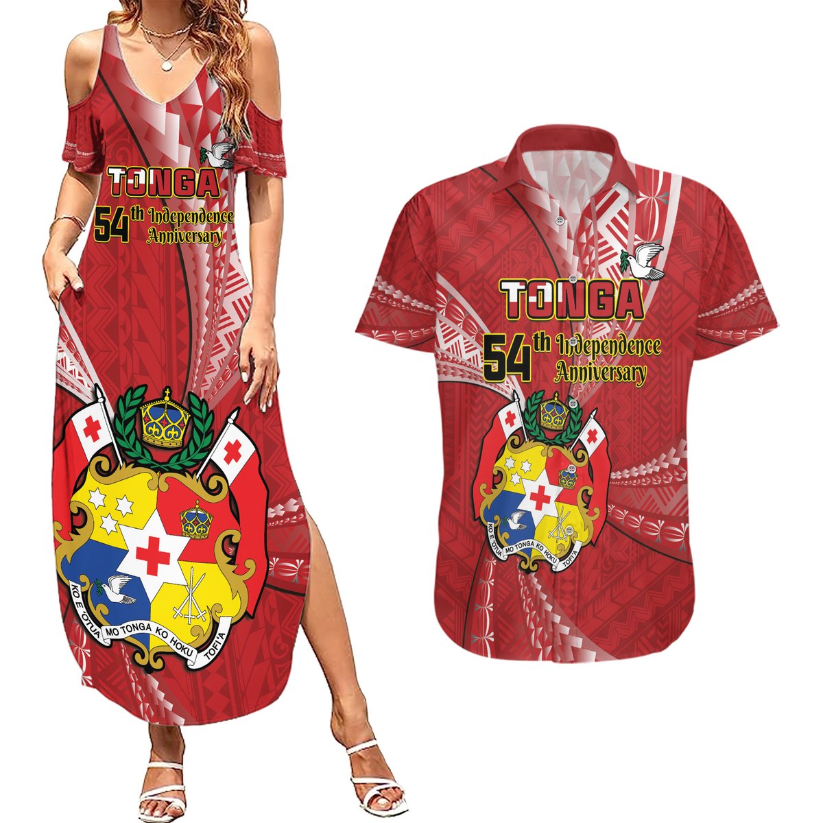 Personalised Tonga Independence Day Couples Matching Summer Maxi Dress and Hawaiian Shirt Happy 54th Independence Anniversary Ngatu Pattern LT14 Red - Polynesian Pride
