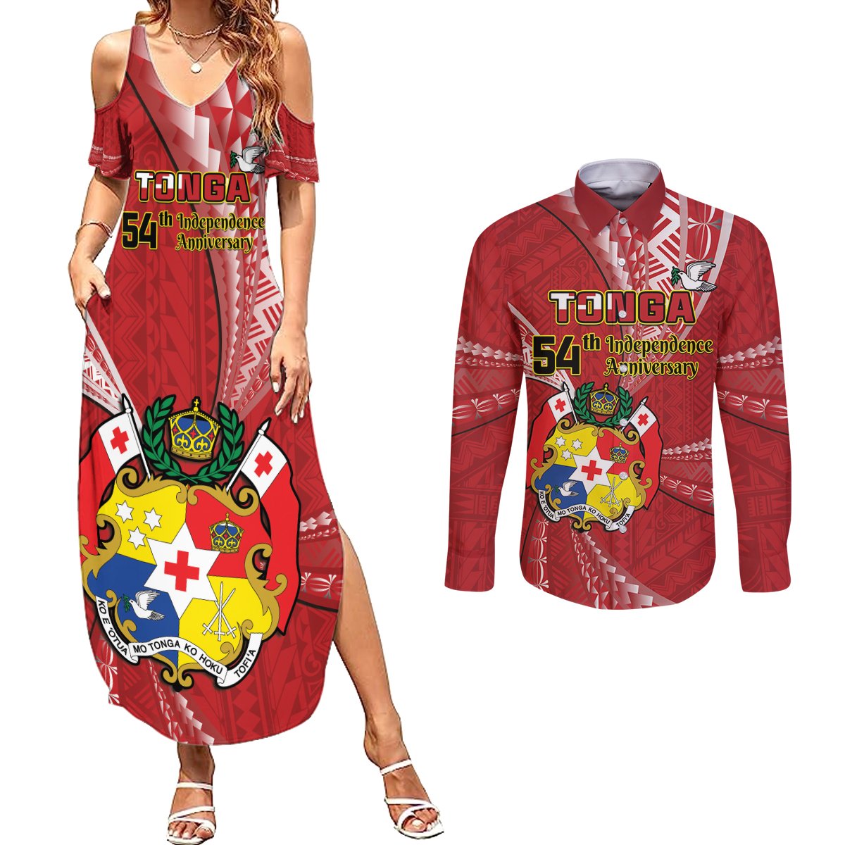 Personalised Tonga Independence Day Couples Matching Summer Maxi Dress and Long Sleeve Button Shirt Happy 54th Independence Anniversary Ngatu Pattern LT14 Red - Polynesian Pride
