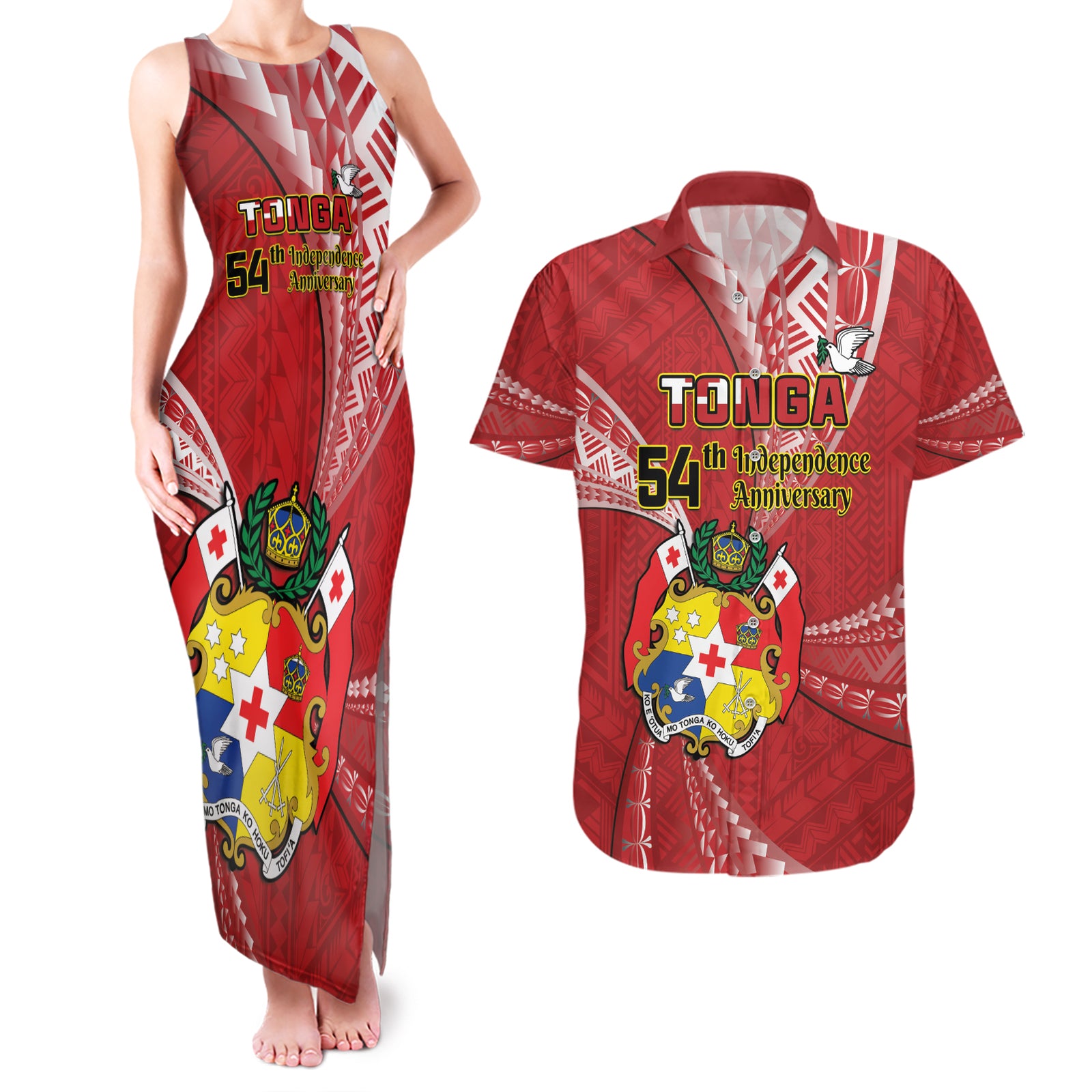 Personalised Tonga Independence Day Couples Matching Tank Maxi Dress and Hawaiian Shirt Happy 54th Independence Anniversary Ngatu Pattern LT14 Red - Polynesian Pride