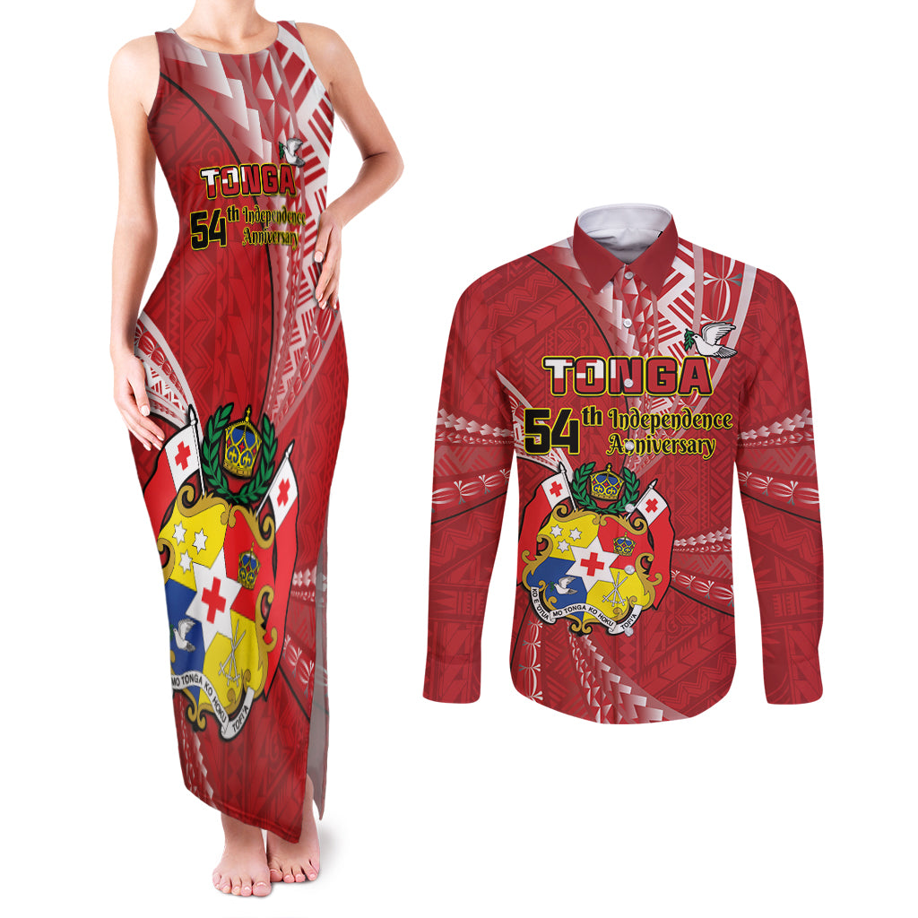 Personalised Tonga Independence Day Couples Matching Tank Maxi Dress and Long Sleeve Button Shirt Happy 54th Independence Anniversary Ngatu Pattern LT14 Red - Polynesian Pride