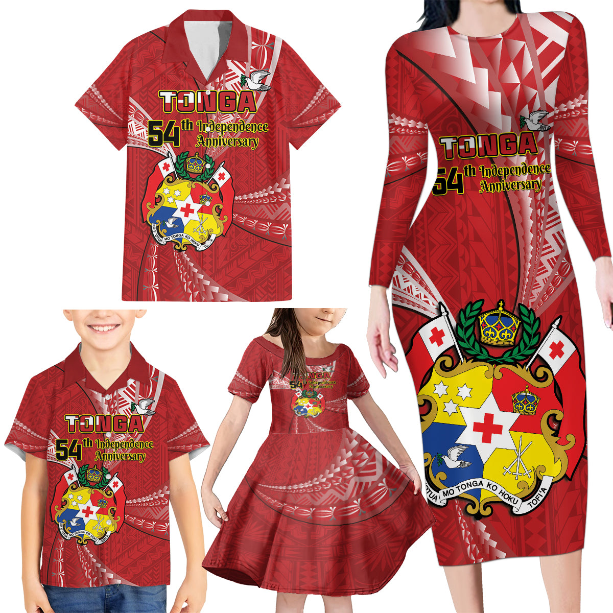 Personalised Tonga Independence Day Family Matching Long Sleeve Bodycon Dress and Hawaiian Shirt Happy 54th Independence Anniversary Ngatu Pattern LT14 - Polynesian Pride