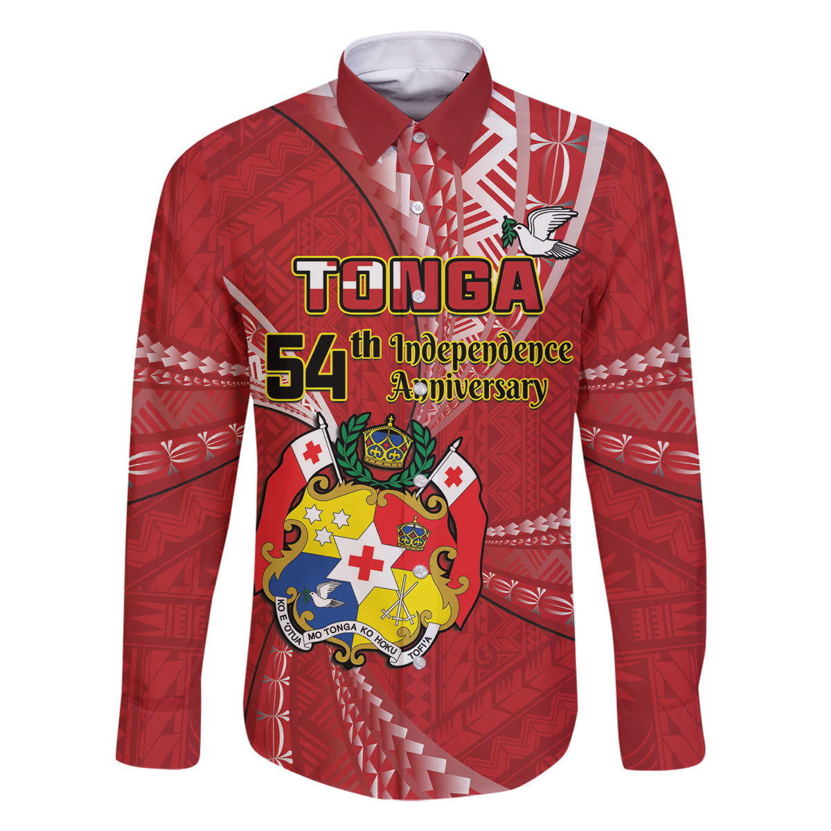 Personalised Tonga Independence Day Family Matching Off Shoulder Maxi Dress and Hawaiian Shirt Happy 54th Independence Anniversary Ngatu Pattern LT14 Dad's Shirt - Long Sleeve Red - Polynesian Pride