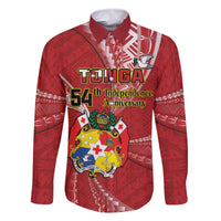 Personalised Tonga Independence Day Family Matching Off Shoulder Maxi Dress and Hawaiian Shirt Happy 54th Independence Anniversary Ngatu Pattern LT14 Dad's Shirt - Long Sleeve Red - Polynesian Pride