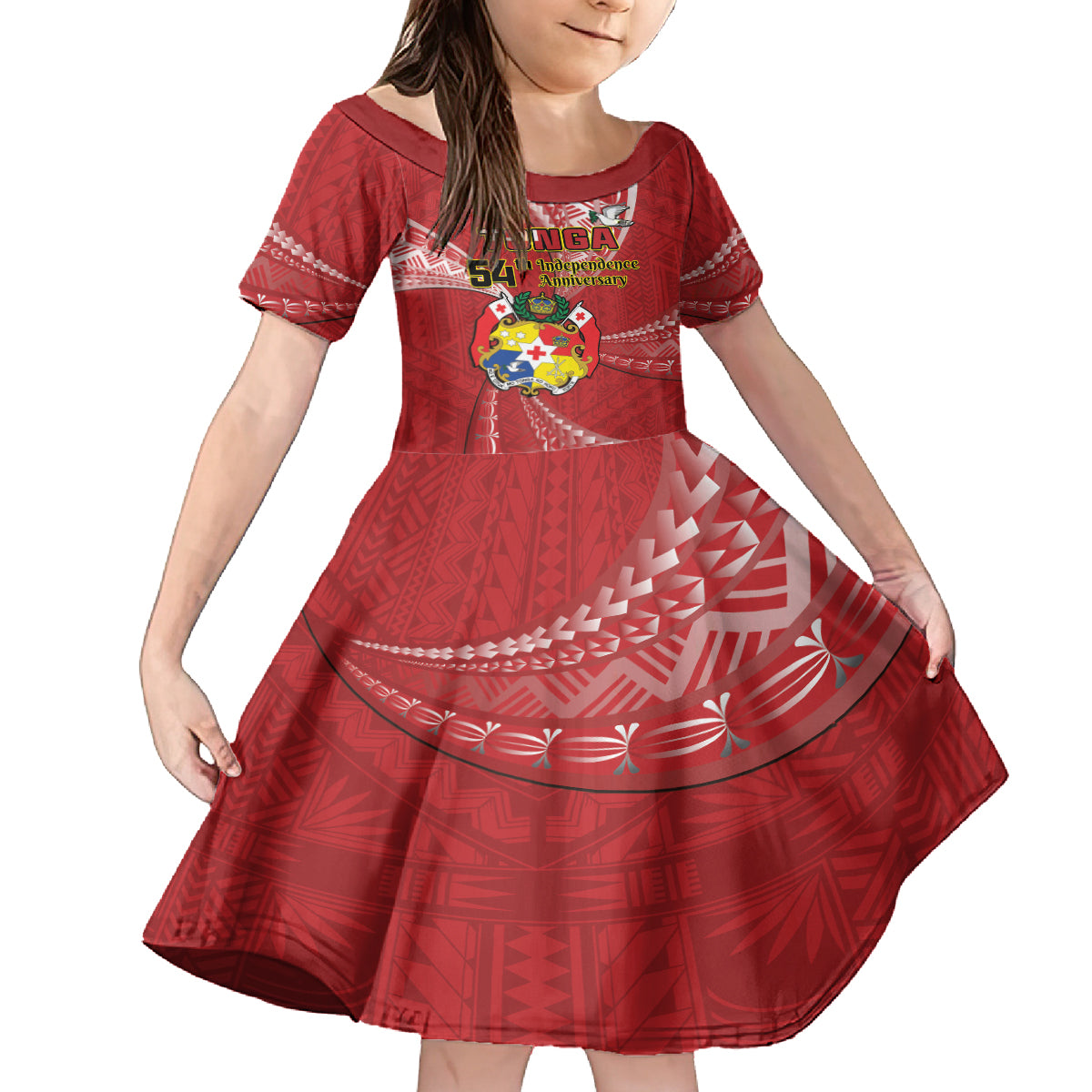Personalised Tonga Independence Day Family Matching Puletasi and Hawaiian Shirt Happy 54th Independence Anniversary Ngatu Pattern LT14 Daughter's Dress Red - Polynesian Pride